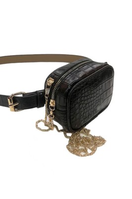 Kroko Desen Siyah Bel Çantası - Thumbnail