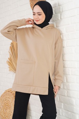 Önü Yırtmaçlı Kapüşonlu Camel Sweatshirt - Thumbnail