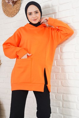 Önü Yırtmaçlı Kapüşonlu Oranj Sweatshirt - Thumbnail
