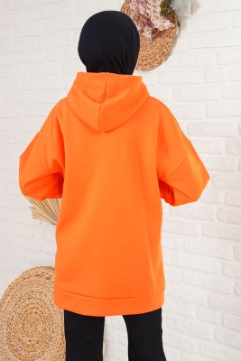 Önü Yırtmaçlı Kapüşonlu Oranj Sweatshirt - Thumbnail