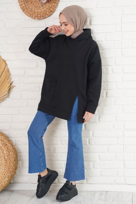 Önü Yırtmaçlı Kapüşonlu Siyah Sweatshirt - Thumbnail