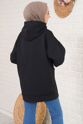 Önü Yırtmaçlı Kapüşonlu Siyah Sweatshirt - Thumbnail