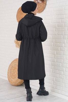 Bileği Çizgili Kapüşonlu Siyah Trençkot - Thumbnail