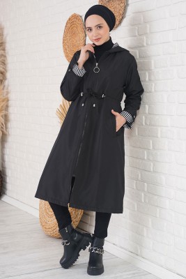 Bileği Çizgili Kapüşonlu Siyah Trençkot - Thumbnail