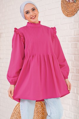 İnce Pileli Kadın Fuşya Tunik - Thumbnail