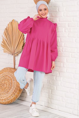 İnce Pileli Kadın Fuşya Tunik - Thumbnail