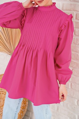 İnce Pileli Kadın Fuşya Tunik - Thumbnail