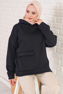 İçi Polarlı Kapüşonlu Siyah Sweatshirt - Thumbnail