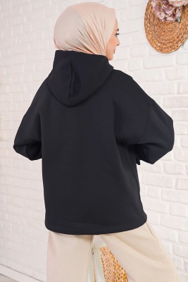 İçi Polarlı Kapüşonlu Siyah Sweatshirt - Thumbnail