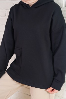 İçi Polarlı Kapüşonlu Siyah Sweatshirt - Thumbnail