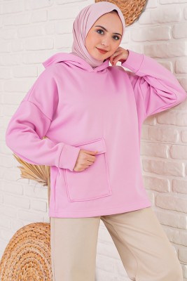 İçi Polarlı Kapüşonlu Pembe Sweatshirt - Thumbnail