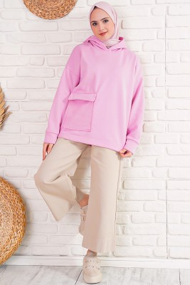 İçi Polarlı Kapüşonlu Pembe Sweatshirt - Thumbnail