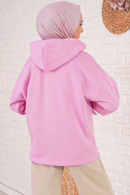 İçi Polarlı Kapüşonlu Pembe Sweatshirt - Thumbnail