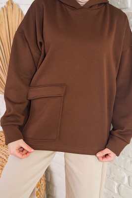 İçi Polarlı Kapüşonlu Kahverengi Sweatshirt - Thumbnail
