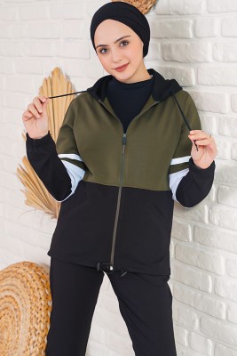 Üç Renk Kapüşonlu Siyah Haki Eşofman Takımı - Thumbnail