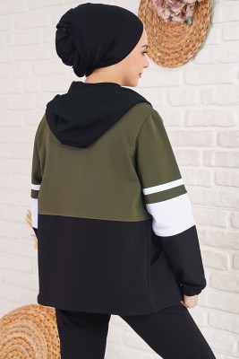 Üç Renk Kapüşonlu Siyah Haki Eşofman Takımı - Thumbnail