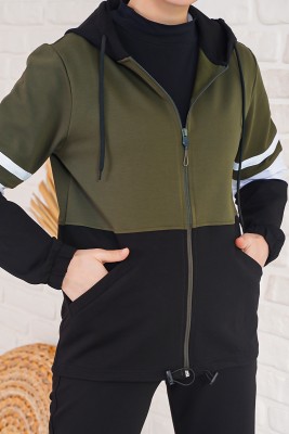 Üç Renk Kapüşonlu Siyah Haki Eşofman Takımı - Thumbnail