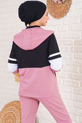 Üç Renk Kapüşonlu Siyah Gül Kurusu Eşofman Takımı - Thumbnail