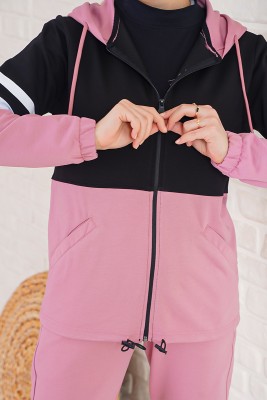 Üç Renk Kapüşonlu Siyah Gül Kurusu Eşofman Takımı - Thumbnail