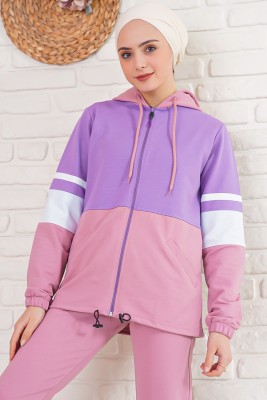 Üç Renk Kapüşonlu Gül Kurusu Lila Eşofman Takımı - Thumbnail