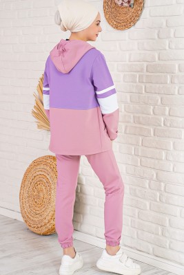 Üç Renk Kapüşonlu Gül Kurusu Lila Eşofman Takımı - Thumbnail