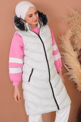 Kapüşonlu Cepli Taş Beyaz Şişme Yelek - Thumbnail