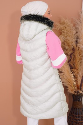 Kapüşonlu Cepli Taş Beyaz Şişme Yelek - Thumbnail