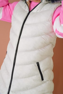 Kapüşonlu Cepli Taş Beyaz Şişme Yelek - Thumbnail