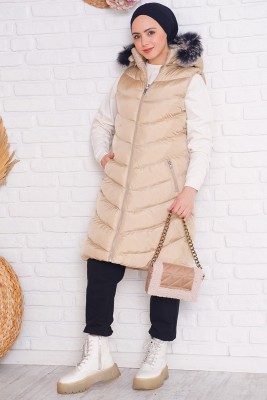 Kapüşonlu Cepli Bej Şişme Yelek - Thumbnail