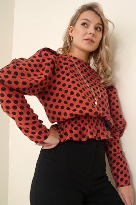 Balon Kol Serisi Puantiyeli Kiremit Bluz - Thumbnail