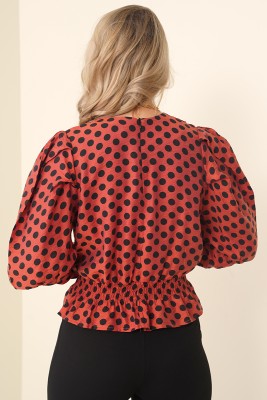 Balon Kol Serisi Puantiyeli Kiremit Bluz - Thumbnail