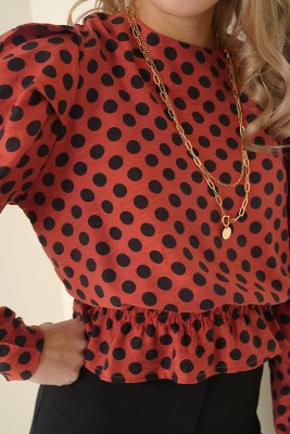 Balon Kol Serisi Puantiyeli Kiremit Bluz - Thumbnail