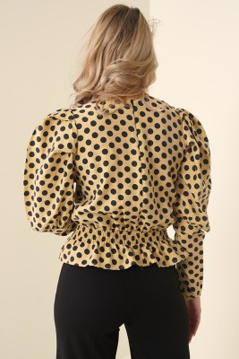 Balon Kol Serisi Puantiyeli Hardal Bluz - Thumbnail