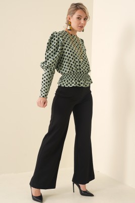 Balon Kol Serisi Puantiyeli Çağla Yeşili Bluz - Thumbnail