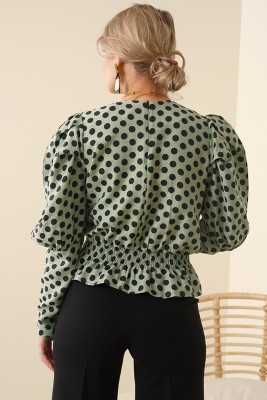 Balon Kol Serisi Puantiyeli Çağla Yeşili Bluz - Thumbnail