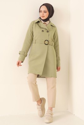 Düğmeli Kuşaklı Taş Trençkot - Thumbnail