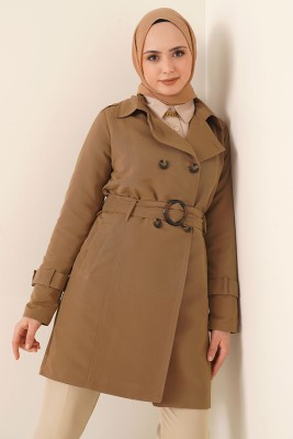 Düğmeli Kuşaklı Taba Trençkot - Thumbnail