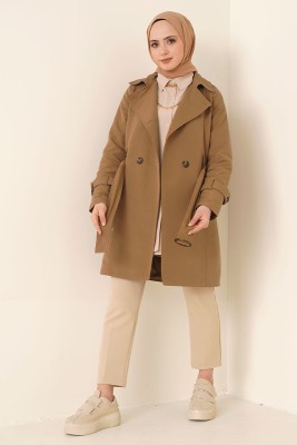 Düğmeli Kuşaklı Taba Trençkot - Thumbnail
