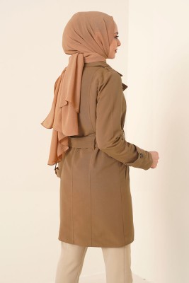 Düğmeli Kuşaklı Taba Trençkot - Thumbnail