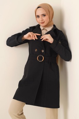 Düğmeli Kuşaklı Siyah Trençkot - Thumbnail