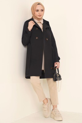 Düğmeli Kuşaklı Siyah Trençkot - Thumbnail