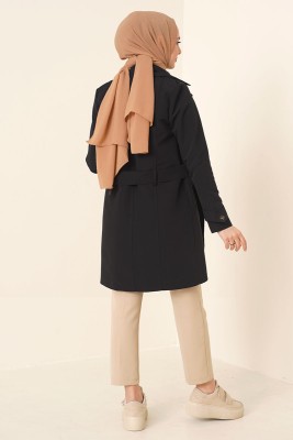 Düğmeli Kuşaklı Siyah Trençkot - Thumbnail