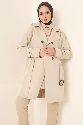 Düğmeli Kuşaklı Bej Trençkot - Thumbnail