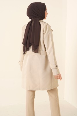 Düğmeli Kuşaklı Bej Trençkot - Thumbnail