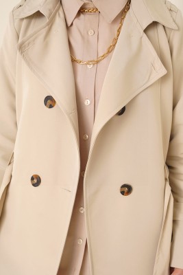 Düğmeli Kuşaklı Bej Trençkot - Thumbnail
