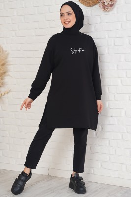 Stay With Me Baskılı Siyah Tunik - Thumbnail