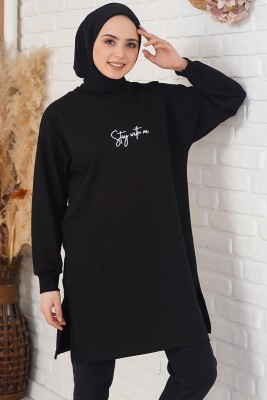 Stay With Me Baskılı Siyah Tunik - Thumbnail