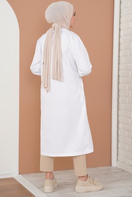 Üç Düğmeli Kruvaze Yaka Beyaz Trençkot - Thumbnail