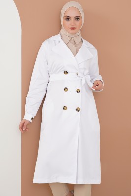 Üç Düğmeli Kruvaze Yaka Beyaz Trençkot - Thumbnail