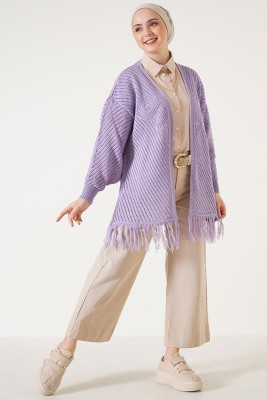  Püsküllü Lila Hırka - Thumbnail